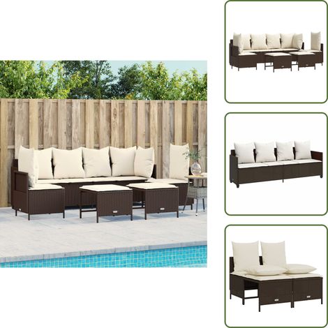 The Living Store Salon de jardin avec coussins 5 pcs marron résine tressée - Ensemble Salon De Jardin - Meubles De Jardin - Salon Extérieur - Chaise Longue - Pouf Pliable