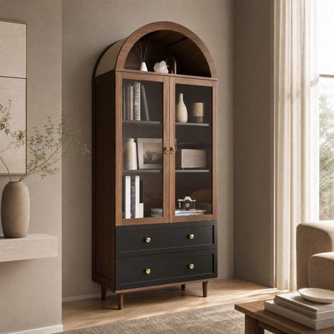 DESMIU Buffet vitrine avec 1 porte vitrée et étagères réglables, style rétro, pour salon, en MDF et verre, noyer, 70 × 38 × 165 cm (1/5)