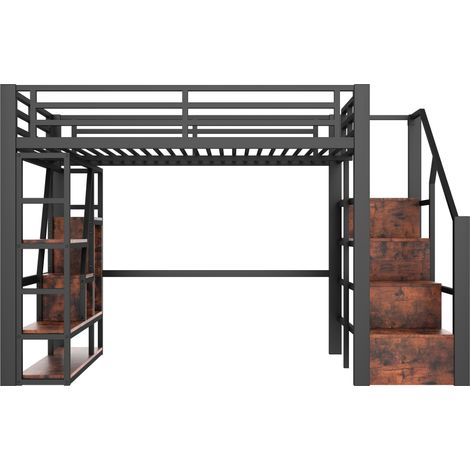 Letto a soppalco bambini 140x200 cm in metallo e MDF nero con LED, ripiani e scala contenitore (1/5)