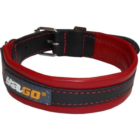 YAGO Collier en Cuir Noir et Rouge Souple et Reglable pour moyen chien, taille M 34-43 cm