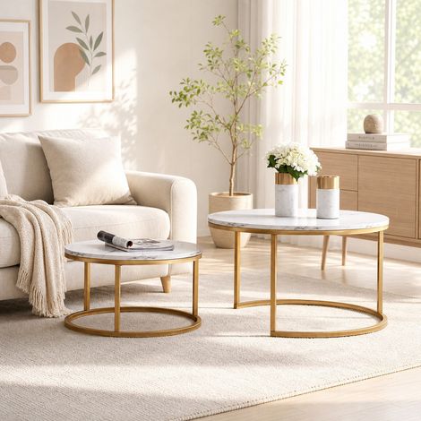 Lot de 2 tables basses gigognes rondes, plateau effet marbre blanc, structure métal doré, Ø80x45 cm et Ø60x33 cm, design moderne, imbricables pour gain de place, salon (1/5)