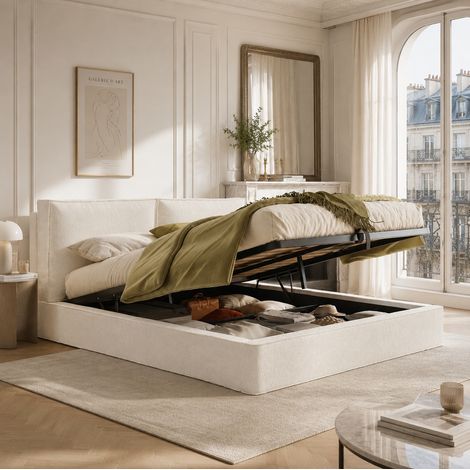 MODFU – Lit coffre 180x200 cm bouclé beige – Rangement hydraulique – Tête rembourrée 13 cm – 300 kg – Beige (1/5)