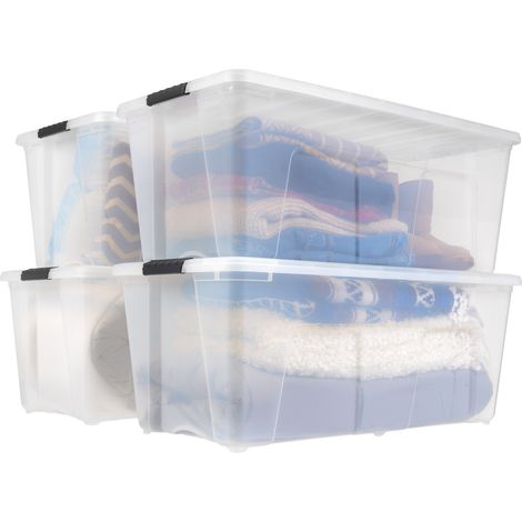 Iris Ohyama Aufbewahrungsbox mit Deckel, 80L, 4er-Set, Transparent, Schnappverschlüsse mit Griffen, Stapelbar, Stark & Langlebig, Für Kleidung, Garage, Zuhause, Büro, Plastikbox, Lagerung TB-84D (1/5)