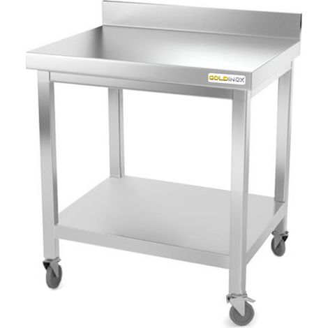 Table de travail en inox 700 x 700 mm adossée sur roulettes / GOLDINOX (1/4)