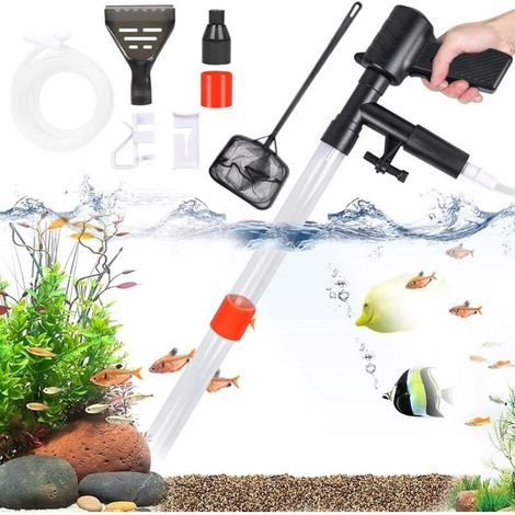 Aspirateur de Boues d'Aquarium, 5 in 1 Kit de Nettoyage de Gravier d'Aquarium, Nettoyeur de Gravier Changement d'eau Filtre Rapide Aquarium Changeur l'eau avec Bouton Pression d'air Grattoir en Verre (1/4)