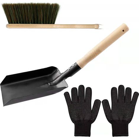 Lntyq Accessoires de feu, accessoires pour poêle à bois, poêle à bois, cheminée, outil de nettoyage de cheminée inclus, ensemble de pelle et brosse de nettoyage des cendres, gants de maison inclus
