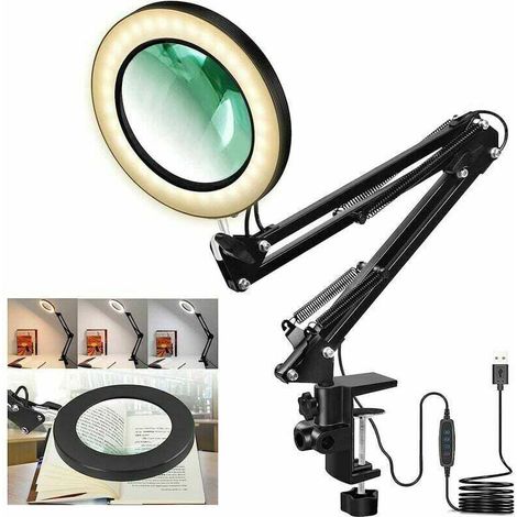Lampe de bureau LED grossissante 5X \u2013 3 couleurs lumineuses 10 luminosités à intensité variable \u2013 Loupe alimentée par USB avec bras pivotant réglable et pince de serrage pour travaux manuel