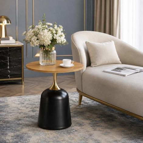 Table d'appoint usage polyvalent table de salon plateau rond piètement métal aspect bois moderne (1/5)