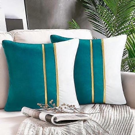 Housse de coussin 45x45 cm, lot de 2, style moderne, coutures en cuir doré, taie d'oreiller en velours turquoise pour lit, canapé, voiture, décoration intérieure de luxe. (1/5)