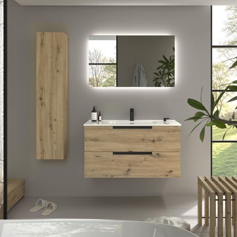 Mueble de Baño LENI 100cm Roble 2 cajones Lavabo 1 poza Porcelana (1/5)