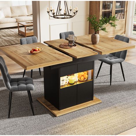 Tavolo da pranzo allungabile 110/140x80x76cm con vano contenitore chiuso, illuminazione a LED, piano effetto legno nero, MDF e metallo (1/5)