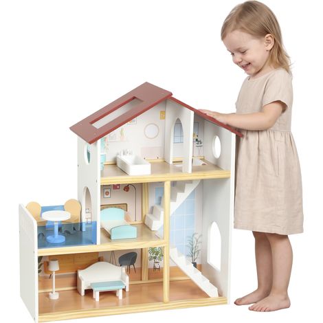AIYAPLAY Kids Wooden Dolls House 3 Story with 5 Rooms, 11 Accessories, White (1/5)