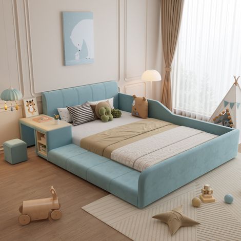 DESVIAE Lit enfant rembourré avec bureau latéral tabouret et rangement 140 x 200 cm bleu velours (1/5)