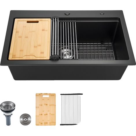 Fregadero de cocina de 76 cm, de granito para instalación bajo encimera, de un solo seno, con accesorios, color negro, 840 x 560 x 250 mm. (1/2)