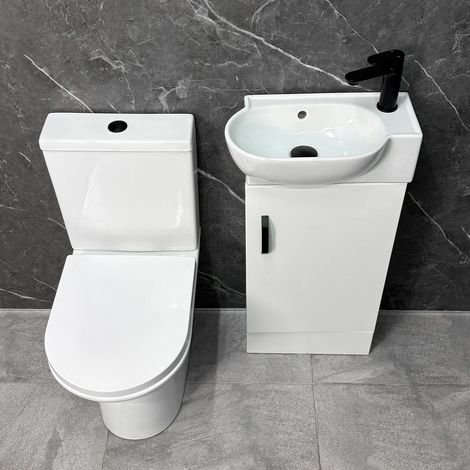 Bathroom Set Cloakroom White Vanity Unit Black Handle and Closed Back Toilet, With Tap & Waste