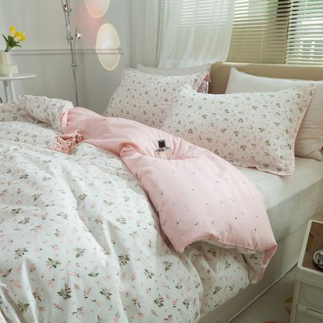 Parure de lit 3 pièces 100% Coton avec Housse de Couette à Fermeture éclair et Attaches pour lit jumeau, Rose et Blanc (1/5)