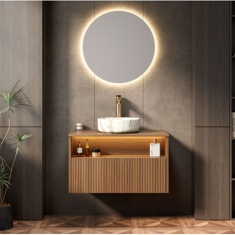 Waschbeckenunterschrank 80 cm hängend, minimalistisch, Braun-Eiche, Keramikbecken weiß, 1 Schublade, offenes LED-Fach (1/5)