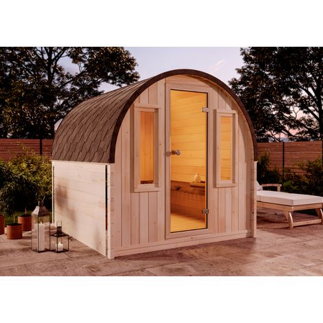 FinnTherm Fasssauna ScandiPod Comfort Fasssauna 2 Sitzbänke aus Holz, Sauna mit 42 mm Wandstärke, Außensauna mit Montagematerial (1/5)