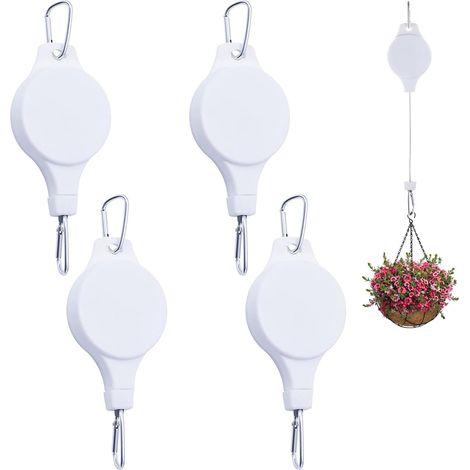 Support de plantes rétractable, poulie suspendue pour plantes, crochet extensible pour paniers de jardin, pots et mangeoire à oiseaux, hauteur réglable basse et haute (lot de 4, blanc) (1/5)