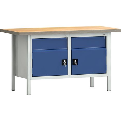 Banco da lavoro PW 700 L. 1500xP700xH840 mm faggio Multiplex grigio chiaro, RAL 7035 blu genziana, RAL 5010 2 disp. 2 porte