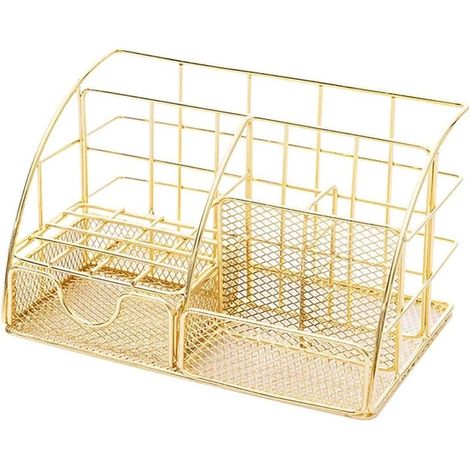 Organisateur de Bureau - Métal Maille - 5 Compartiments + Tiroir Coulissant - Pour Stylos Crayons Papeterie Bureau - 1 Pièce (1/4)