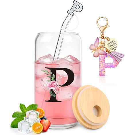 Tasse en verre avec lettre P avec couvercle et paille, cadeaux personnalisés pour les femmes, pour un anniversaire, Noël, la Saint-Valentin (1/5)