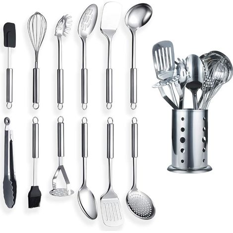 12-teiliges Küchenutensilien-Set aus Edelstahl mit 1 Halter, Küchenlöffel, Küchenutensilien (13-teilig) (1/5)