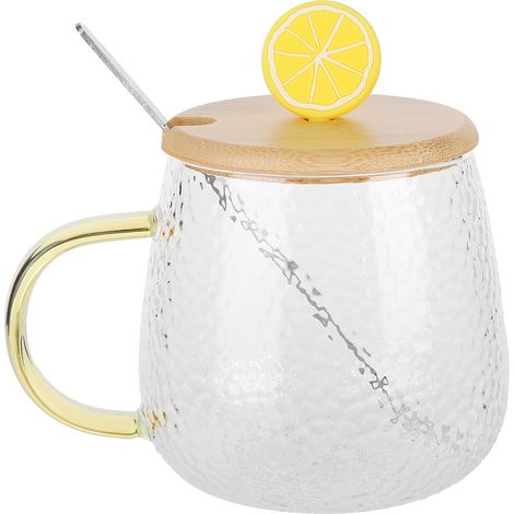 Tasse mignonne en verre borosilicate de haute qualité, résistante à la chaleur, 400 ml, avec cuillère en acier inoxydable et couvercle en bambou (Citron) (1/5)