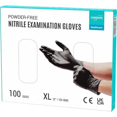 Lot de 100 gants jetables en nitrile sans poudre, sans latex, non stériles, sans latex, non stériles, sans latex, gloves disposibles (XL, noir) (1/5)
