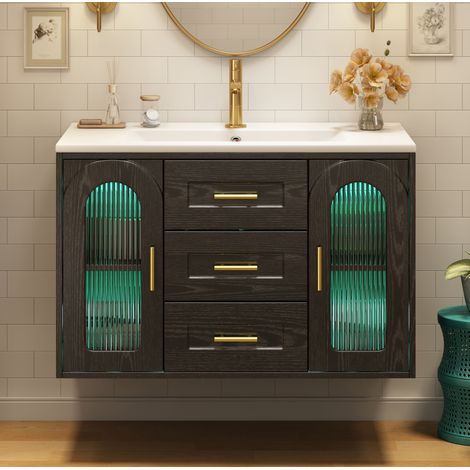 Meuble vasque mural 76x46x55 cm en MDF et verre noir, rangement, pour salle de bain – MEUBLIV (1/5)