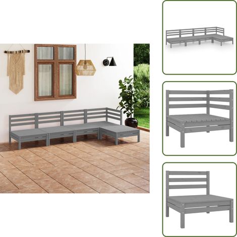 5-tlg. Garten-Lounge-Set Massivholz Kiefer Grau - Outdoor Lounge Set - Gartenmöbel - Rattan Möbel - Kiefernholzmöbel - Garten Sofa Set (1/5)