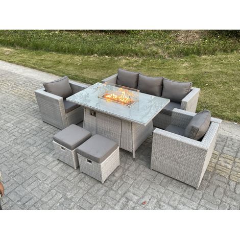 Fimous Light Grey Rattan Garden Furniture Set Gas Fire Pit Dining Table Set Heater Burner Chairs With 2 PC Stools (1/5)