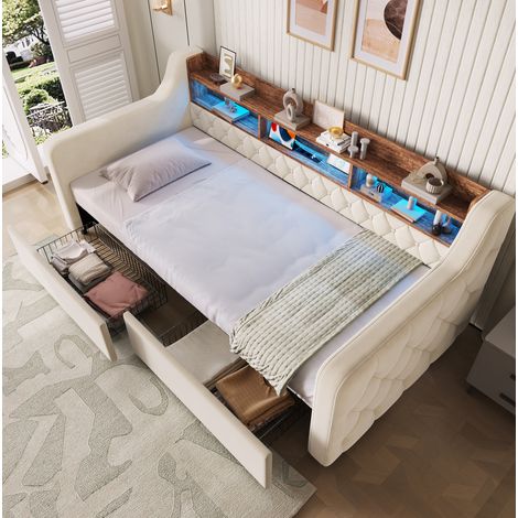 Letto 90x190 cm con contenitore, LED, USB e Type-C, 2 cassetti, velluto beige DESVIAE (1/5)