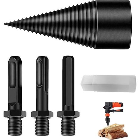 Fendeuse Bois Cône, Fendeur de Buche 32mm pour Perceuse Électrique, Fendeuse à Bois, Foret à Fendeuse à Bois avec 3 Poignées, Carré/Rond/Hexagonal (1/5)