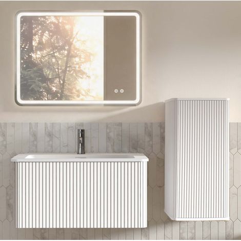 Mobile bagno con lavabo, specchio LED e colonna sospesa, bianco DESVIAE (1/5)
