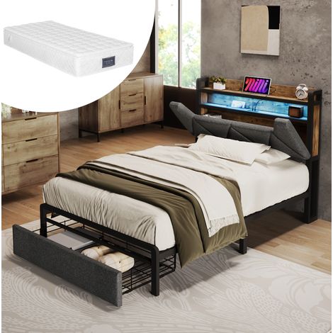 Letto imbottito 90x200 cm grigio in lino con testiera contenitore, LED, USB e cassetti, con materasso (1/5)