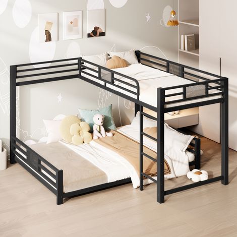 Litera en forma de L de metal negro de 140x200 cm con zona de dormir de 90x200 cm, barandillas de seguridad, ahorro de espacio. (1/5)