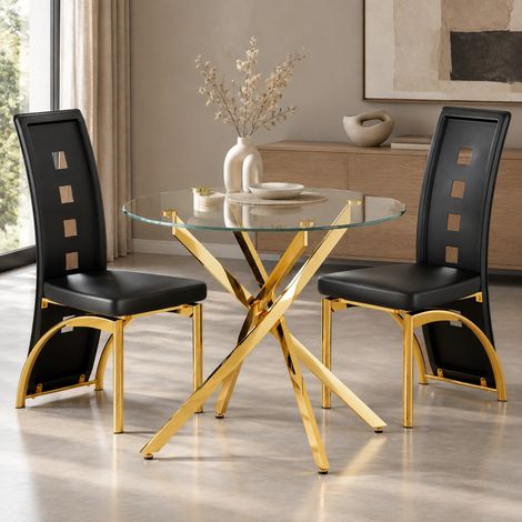 Set tavolo da pranzo 88 cm in vetro temperato nero e oro, compatto – MEUBLIV (1/5)