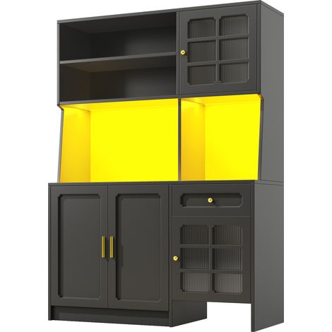 Aparador alto de cocina 130 x 45 x 180 cm en MDF negro con puertas de cristal y LED MODENUIT (1/5)