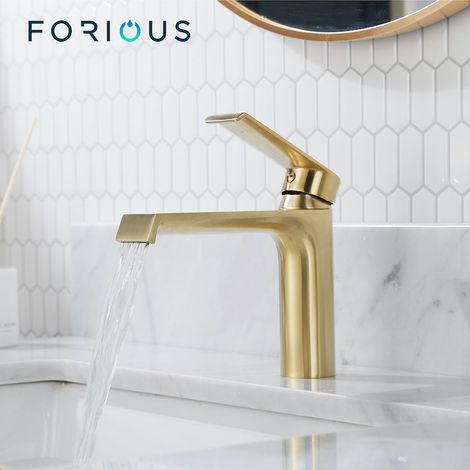 Mitigeur de lavabo cascade à levier unique – Laiton dépoli or – Jet d'eau doux et silencieux – Économie d'eau jusqu'à 30% (1/4)