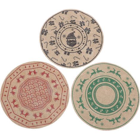 Sets de table ronds en jute rouge, imprimé Noël avec rennes et Père Noël, lot de 3 (1/5)
