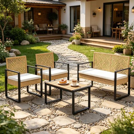 Muebles de jardín de ratán PE y metal, 4 plazas, efecto madera natural, modulares, con cojines repelentes al agua (1/5)