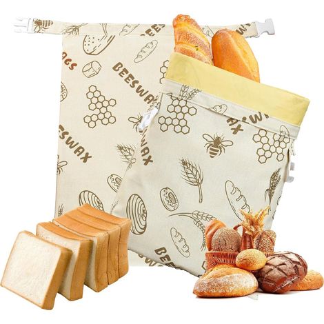 Sacs à pain en cire d'abeille, lot de 2, 30 x 43 cm, réutilisables en coton