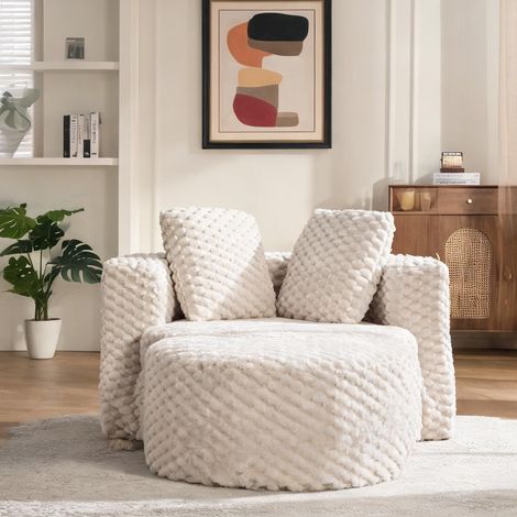 Fauteuil relax en tissu simili fourrure beige avec repose-pieds (1/5)