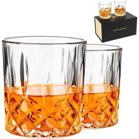 Whisky Gläser 2er Set, 300ml Bleifreie Kristallgläser, Rum Wodka Cocktail Gin Cognac Scotch Wasser Whiskyglas Geschenkset für Männer