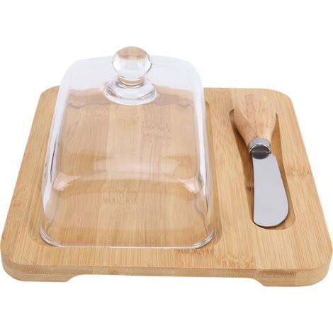 Butterdose aus Holz mit transparentem Glasdeckel und Schneidewerkzeug. Leicht zu reinigender Behälter für Butter, Käsekuchen und Desserts. Holzfarbe. (1/5)