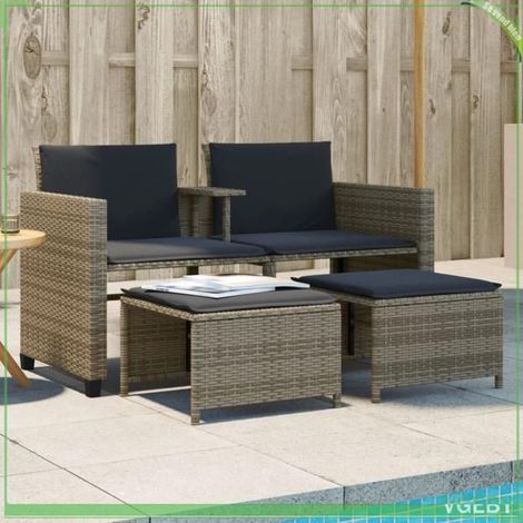 Canapé de jardin 2 places - FAFEICY - 368418 - Résine tressée gris - Table centrale intégrée - Tabourets déhoussables (1/5)
