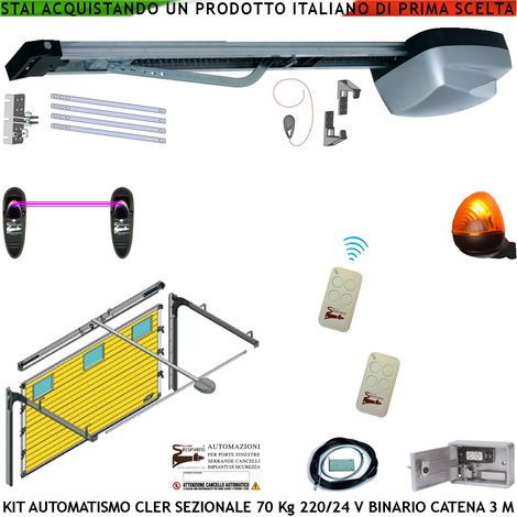 Porta Sezionale 70 Kg Kit Motore da Soffitto 220/24 V 2 Radiocomandi Fotocellule Faro a Led Binario Alluminio 3 Metri Catena 5,5 MT Sistema Automatico Blindino Cordino Sblocco Luce di Cortesia (1/4)