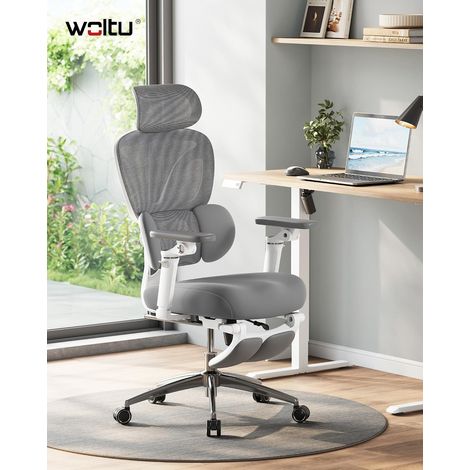 WOLTU Sedia Ergonomica da Ufficio Scrivania, Regolabile in Profondità, con Supporto Lombare, Poggiatesta 3D e Braccioli 6D, Grigio+Bianco (1/5)