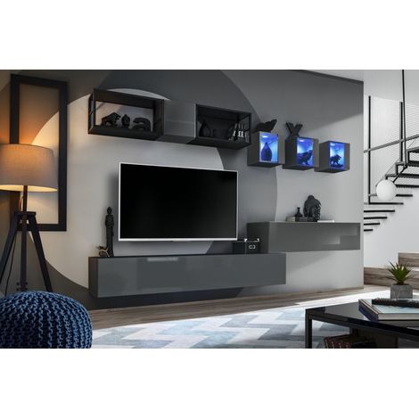 Ensemble meuble TV mural Switch Met III - L 280 x P 40 x H 170 cm - Gris - Livraison gratuite